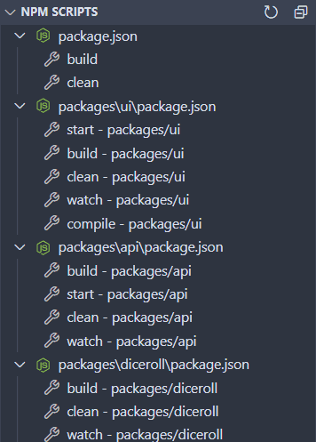 Example showcasing VSCode with the NPM Scripts panel showing all the scripts for each package